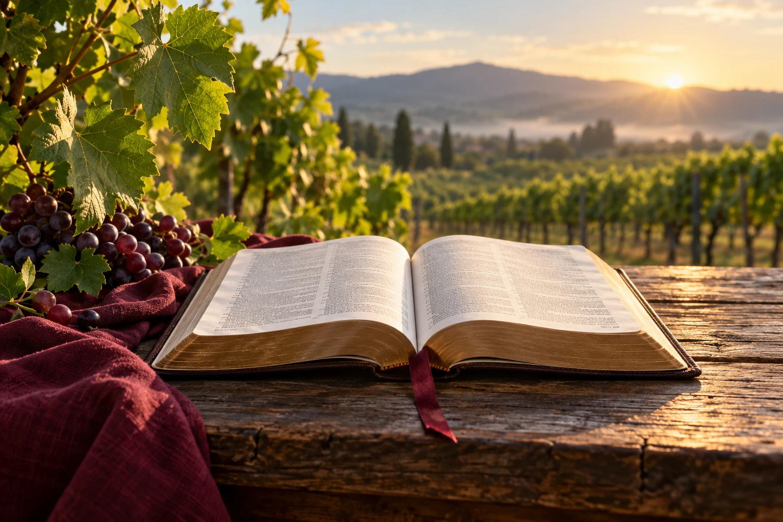 An open Bible beside grapes and a red ribbon in a sunlit vineyard