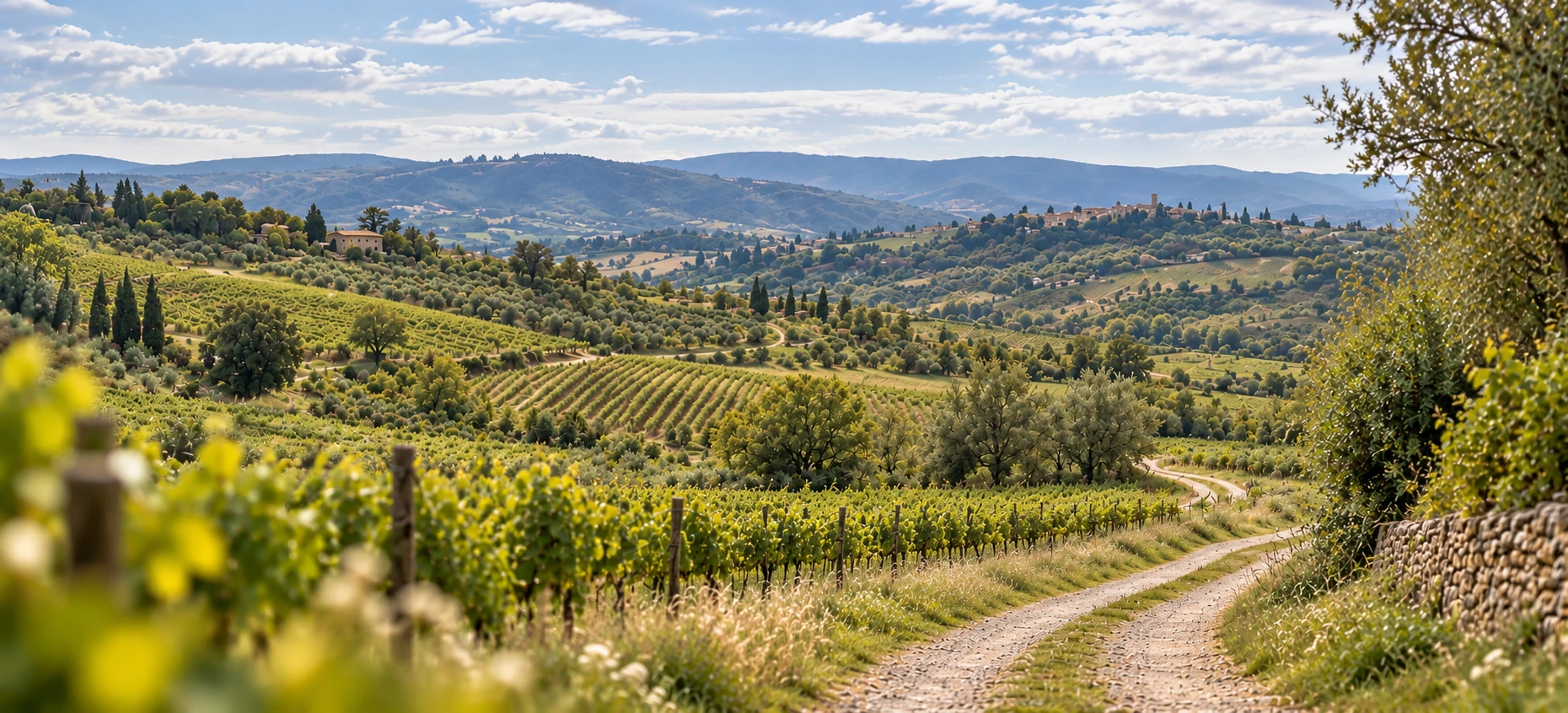 A wide vineyard path with softly blurred foreground leaves and distant hills